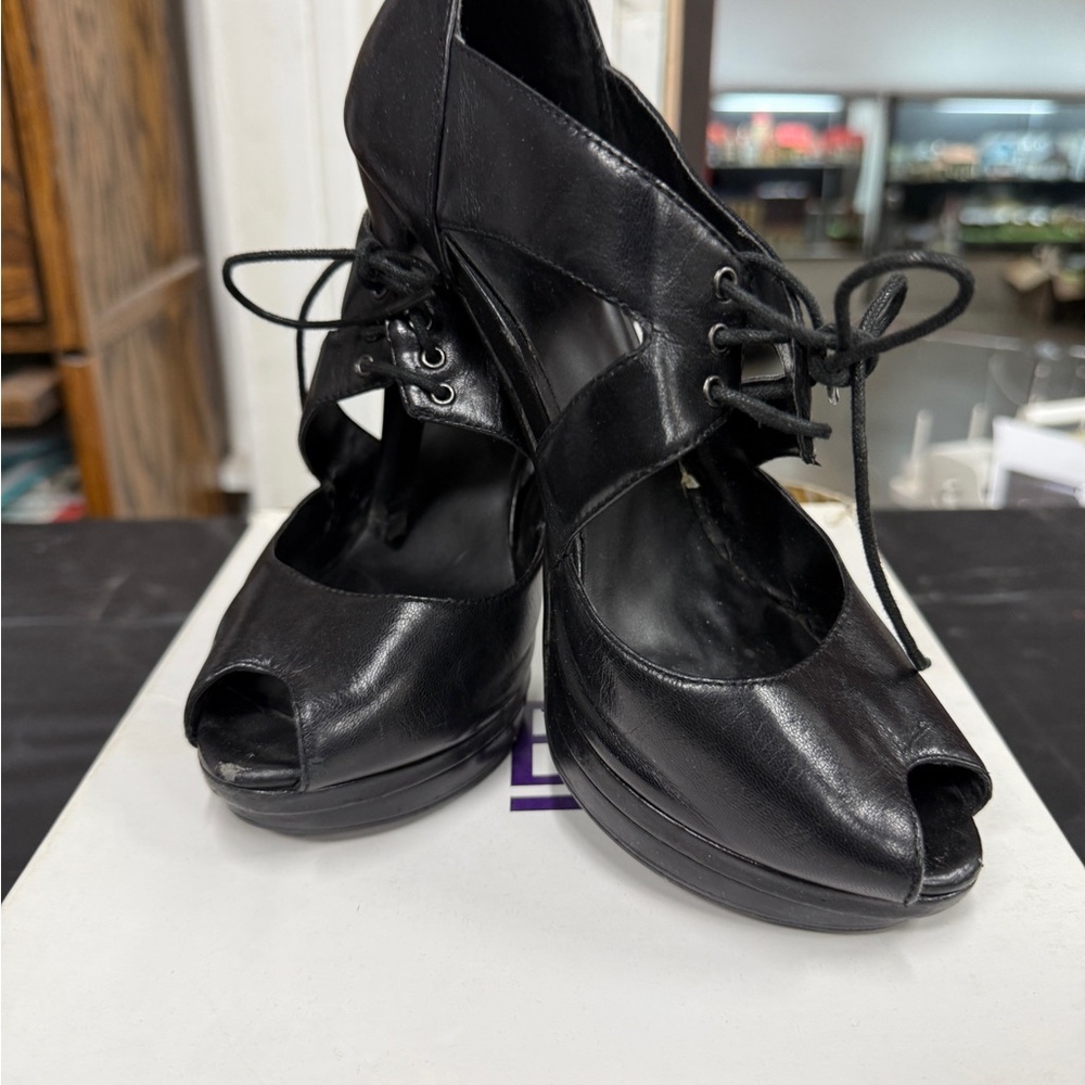 Bakers Black Lace-Up Peep-Toe Heels